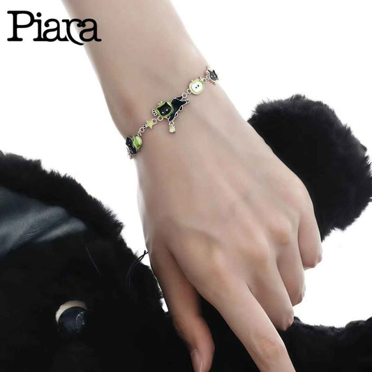 PIARA Black Cat Green Apple Bracelet | Edgy & Cute Charm