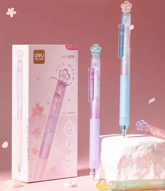 Deli Sakura Scented Click Gel Pen Black Ink,0.5mm,12-Piece