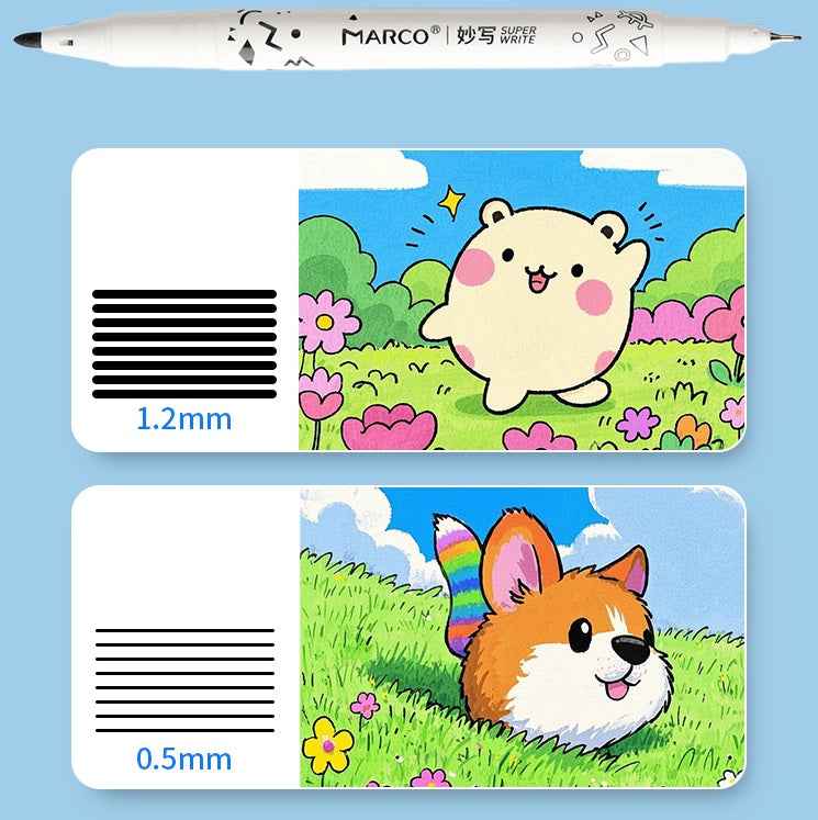 MARCO Dual Tip Permanent Markers Fineliner Drawing Pen Black 12 Pack