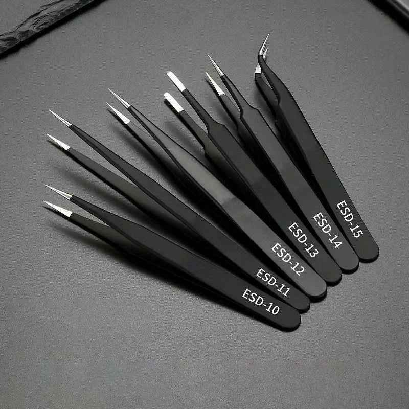 igh-Precision Anti-Static SS Tweezers 6pc Set w/ Pointed/Bent Tips