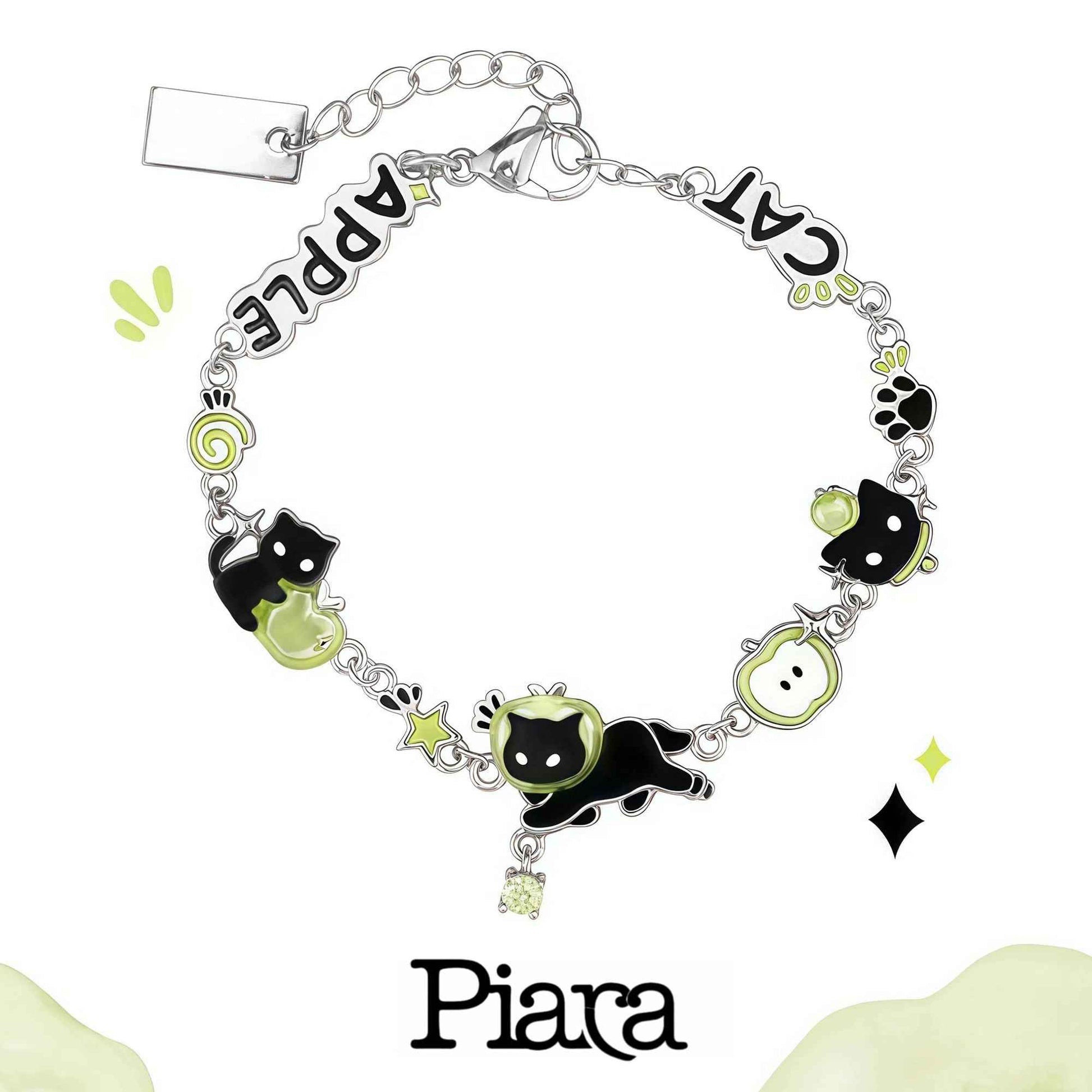 PIARA Black Cat Green Apple Bracelet | Edgy & Cute Charm
