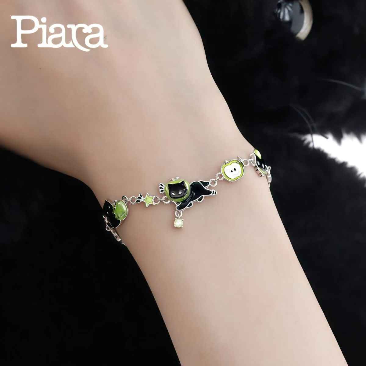 PIARA Black Cat Green Apple Bracelet | Edgy & Cute Charm