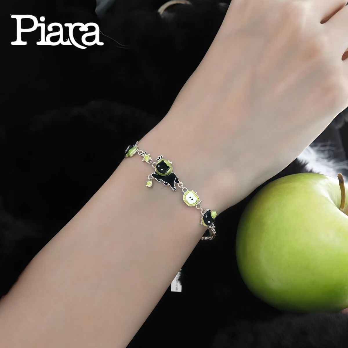PIARA Black Cat Green Apple Bracelet | Edgy & Cute Charm
