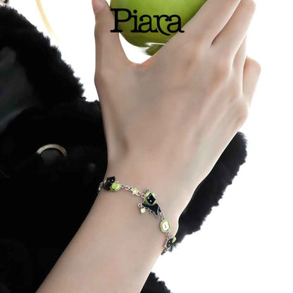 PIARA Black Cat Green Apple Bracelet | Edgy & Cute Charm