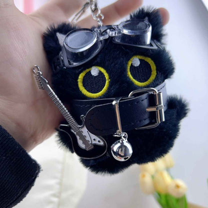 Big-Eyed Punk Black Cat Keychain - Cute Plush Bag Charm