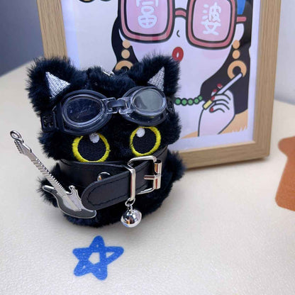 Big-Eyed Punk Black Cat Keychain - Cute Plush Bag Charm