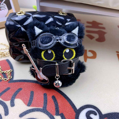 Big-Eyed Punk Black Cat Keychain - Cute Plush Bag Charm