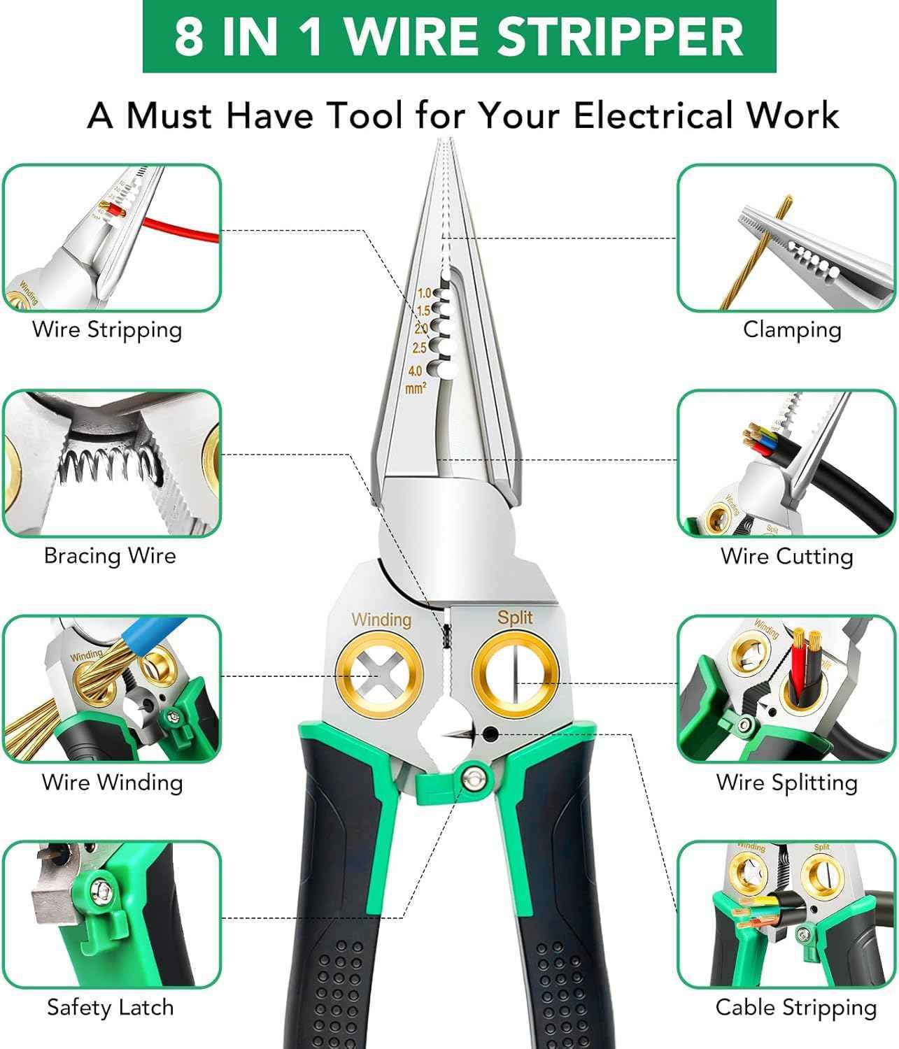 8-in-1 Electrical Wire Stripper Crimper Cutter Pliers