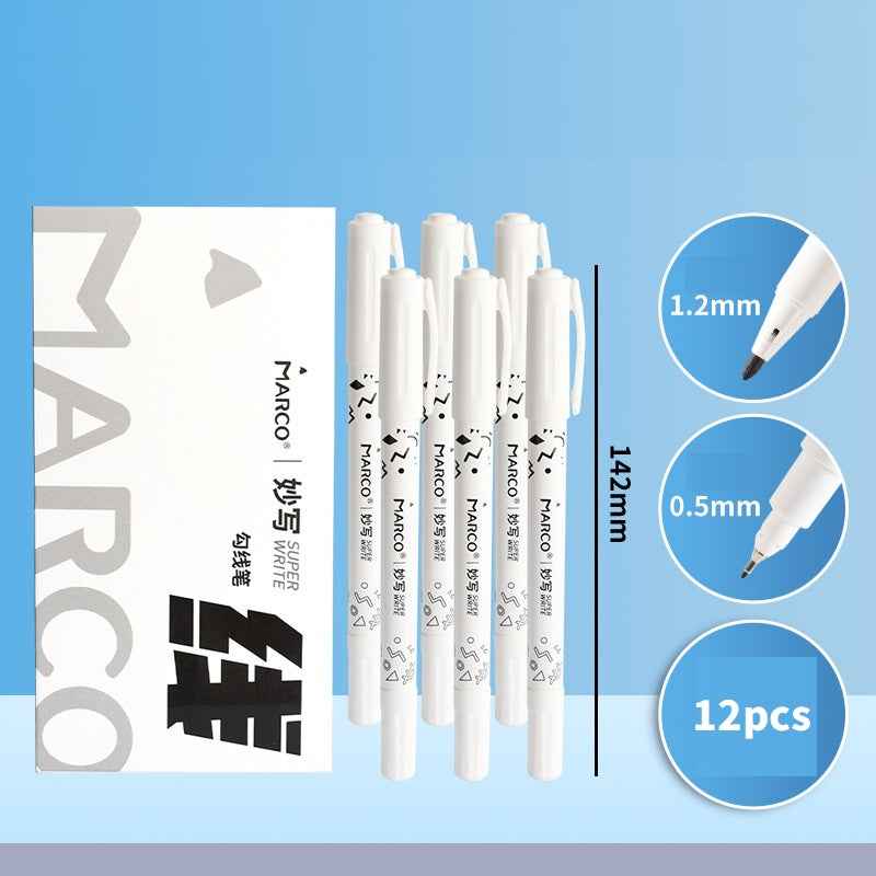 MARCO Dual Tip Permanent Markers Fineliner Drawing Pen Black 12 Pack