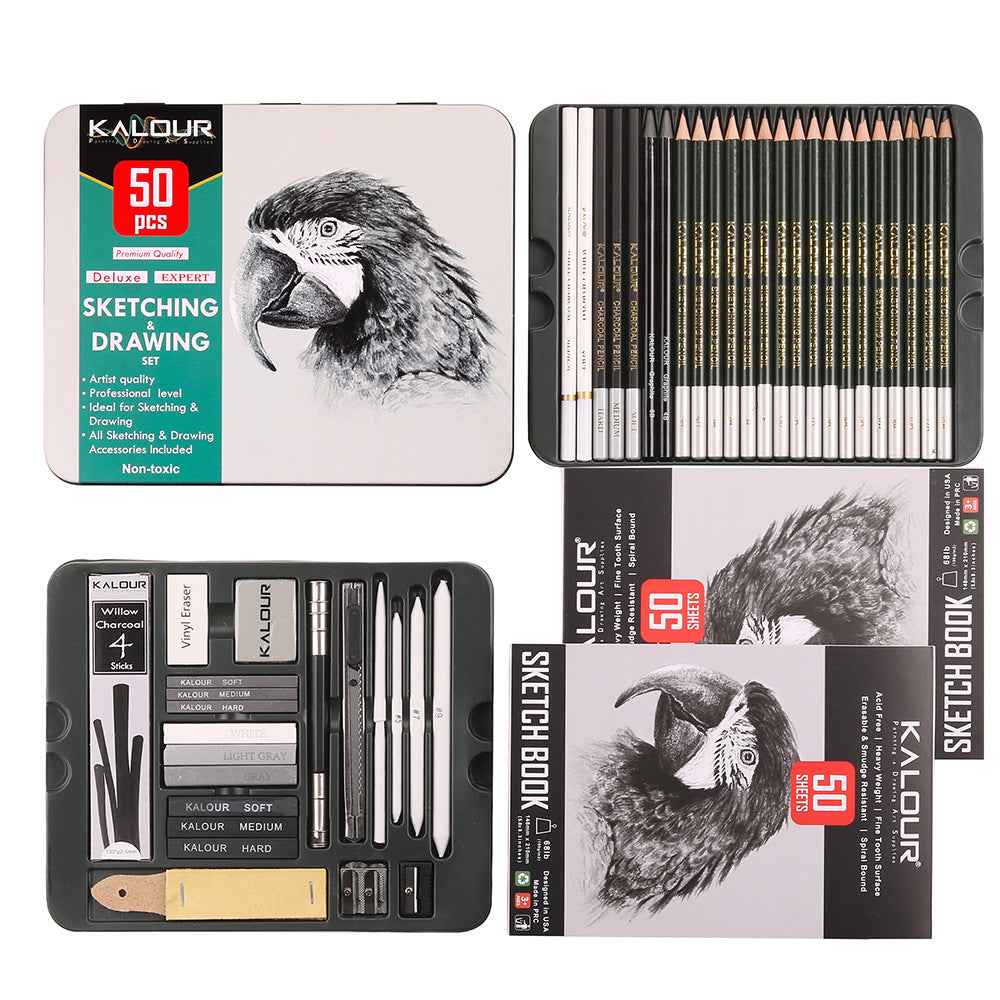 KALOUR 52 Pieces Art Drawing Sketching Pencil Kit with 2 Sketchbooks - TTpen