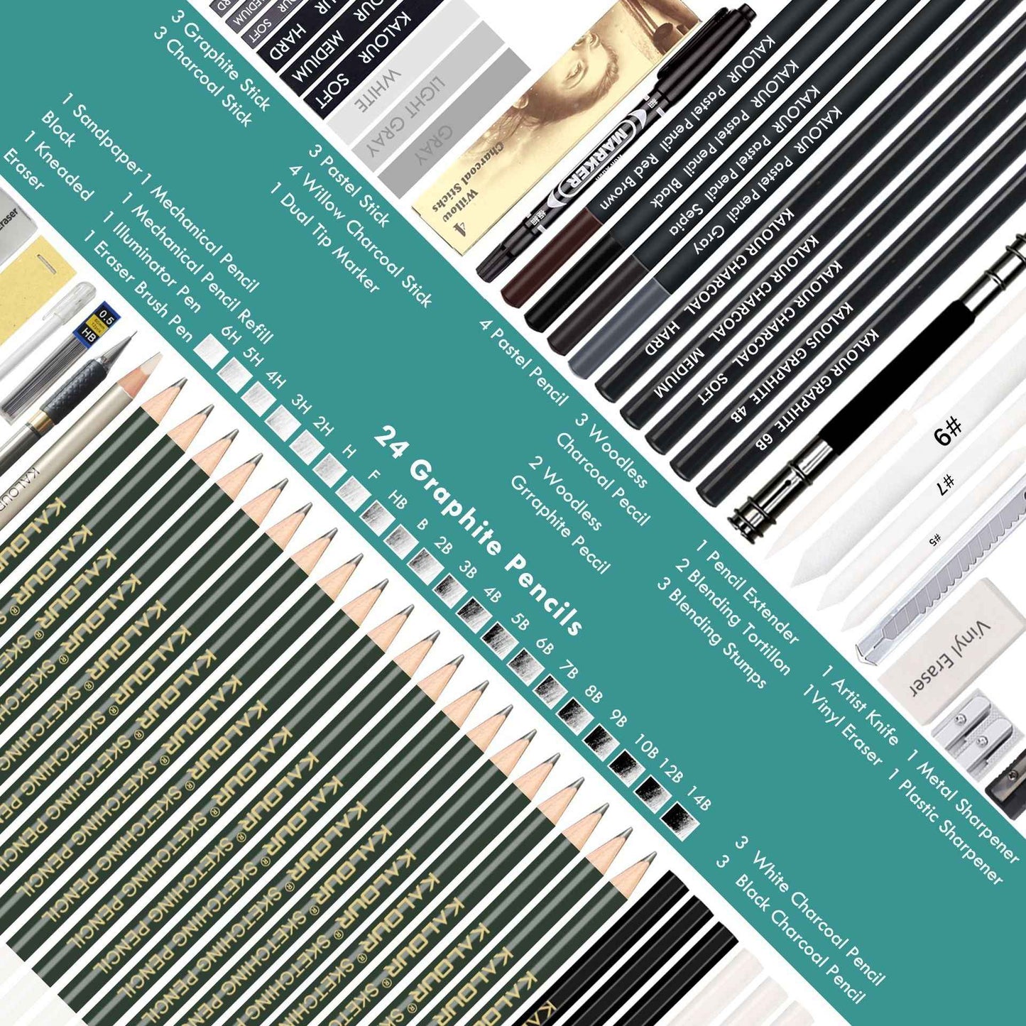 KALOUR 70 Pack Art Supplies Sketching Drawing Pencils Set Tin Box - TTpen